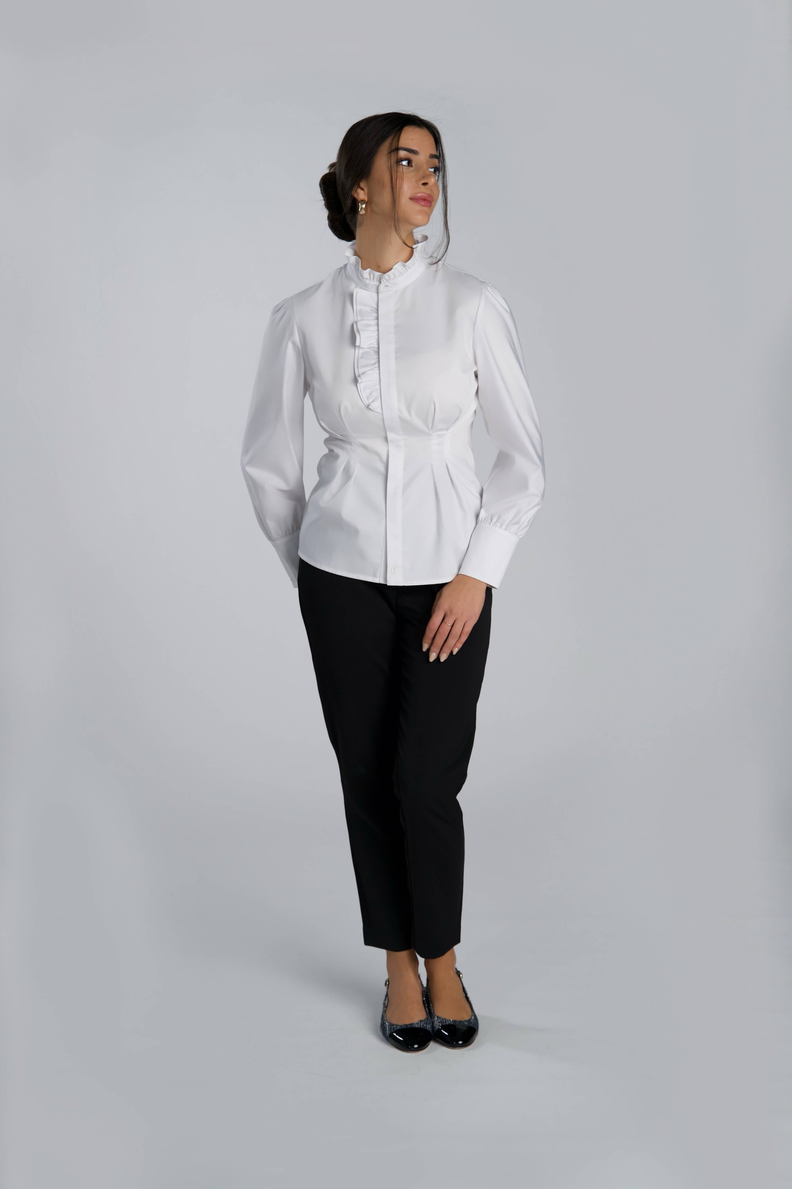Fitted Blouse with Ruffles White
