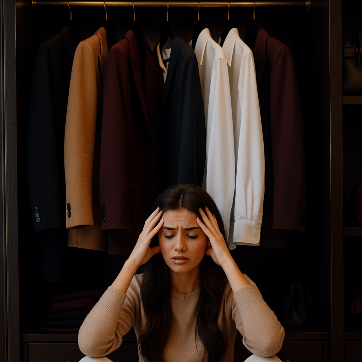 Woman sitting in front of a wardrobe with clothes, looking stressed.