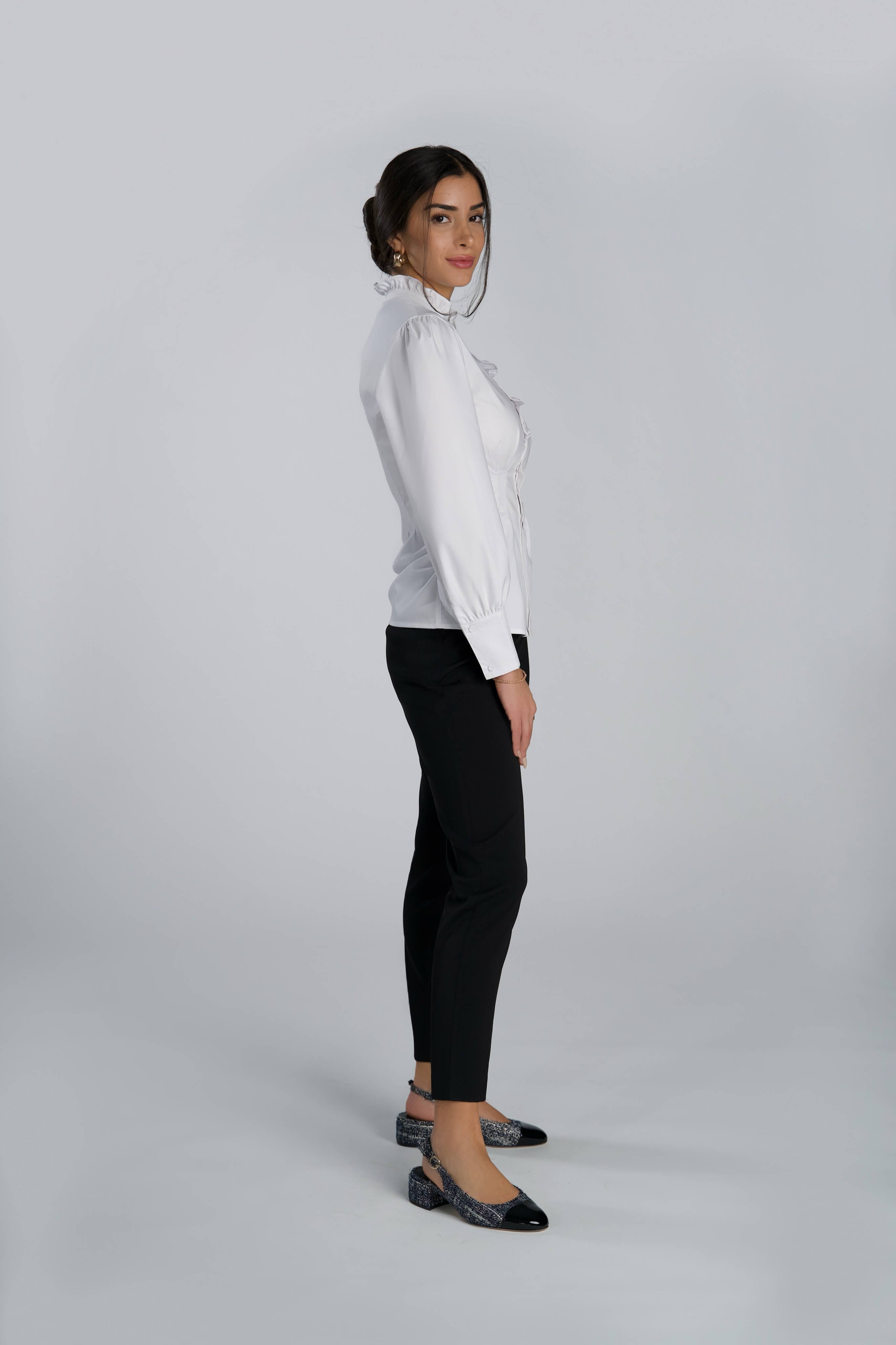 Fitted Blouse with Ruffles White